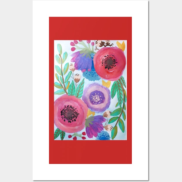 Watercolor red and purple flowers and leaves Wall Art by SanMade